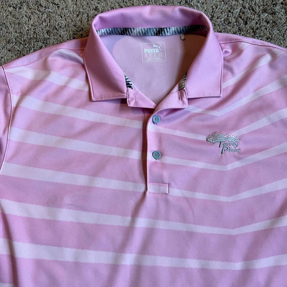 Puma Golf Polo Shirt XL Pink Stripes Torrey Pines Golf Club California San Diego